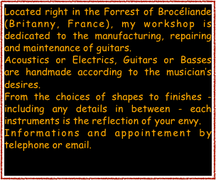 Located right in the Forrest of Brocéliande (Britanny, France), my workshop is dedicated to the manufacturing, repairing and maintenance of guitars.
Acoustics or Electrics, Guitars or Basses are handmade according to the musician’s desires.
From the choices of shapes to finishes - including any details in between - each instruments is the reflection of your envy.
Informations and appointement by telephone or email.

