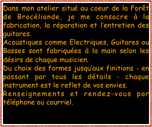 Dans mon atelier situé au coeur de la Forêt de Brocéliande, je me consacre à la fabrication, la réparation et l’entretien des guitares. 
Acoustiques comme Electriques, Guitares ou Basses sont fabriquées à la main selon les désirs de chaque musicien.
Du choix des formes jusqu’aux finitions - en passant par tous les détails - chaque instrument est le reflet de vos envies.
Renseignements et rendez-vous par téléphone ou courriel.

